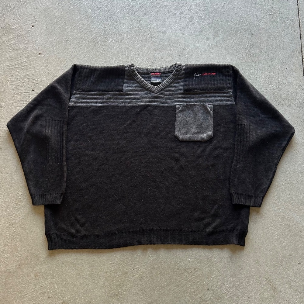 Vintage Y2K Fubu Sweater Size Large Black Gray Pullover Striped Pocket Grunge